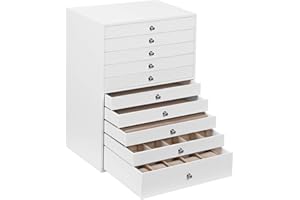 SONGMICS Scatola Portagioie con 10 Cassetti, Custodia per Gioielli, Organizzatore per Anelli, Collane, Orecchini, Braccialetti, Bianco JBC10W