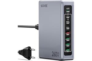 SCCVEE Ładowarka USB C, wielokrotna, 260 W, 8 w 1, USB C, zasilacz sieciowy (4 USB C + 4 USB A), stacja ładująca USB kompatybilna z MacBook Pro/Air/iPad/iPhone/Galaxy/Dell XPS/HP