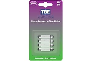 TBE LIGHTING Replacement 239 C5W Festoon Bulbs - Xenon Lights for License Plates & Car Interior Lighting. Clear Glass Finish -12v / 5w / Dimmable S8.5D Energy efficient Bulb Pack of 4