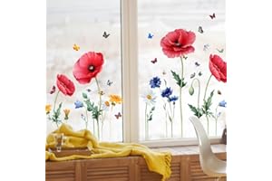 ‎WANDSTICKER4U WandSticker4U®- XXL Fenstersticker MOHNBLUMEN rot (88x57 cm) I Fensterbilder Frühling Blumen selbstklebend Wohnzimmer Schlafzimmer Bad Küche I Frühlingsdeko Fenster Aufkleber wiederverwendbar GROß
