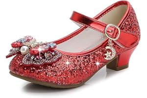 BININBOX Girls High Heels Glitter Sequins Children's Bow Princess Low-Top Student Performance Shoes