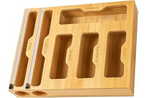 EFLALYHG Bambusowy nóż do folii spożywczej, organizer na zamek błyskawiczny 6 i 1, dozownik opakowań z tworzywa sztucznego z nożem, drewniane pudełko z przegródkami na torby spożywcze do sortowania i