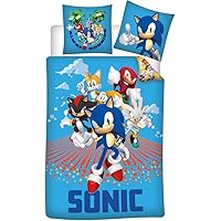 Aymax Parure de Lit Sonic Team 1 Personne, Housse de Couette 140x200 cm + Taie d'oreiller 63x63 cm