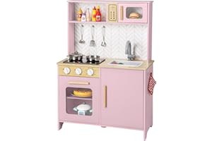 COSTWAY Kids Play Kitchen, Wooden Pretend Toy Kitchen with Lights & Sounds, Oven, Microwave, Sink, Faucet, Utensils, Children's Chef Role Play Set for Boys Girls (Pink)