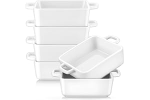 LOVECASA Pirottini Quadrati per Soufflé in Porcellana 220 ML, 10 x 10 x 3,8 cm, Set di 6 Pirottini per Cottura al Forno, Stampini con Doppio Manico per Crème Brulée, Lavastoviglie Sicuro, Bianco