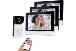 QTTYELOK 1080P HD WiFi Kit Sistema de Intercomunicación de Timbre Visual Cámara con 3 Monitores de Color 7'', para 3 Apartamentos/Hogares, 120° Visión Nocturna IR, Tuya App, Grabación