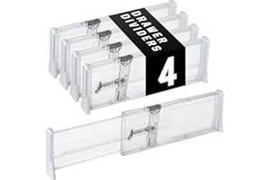 Averrex 4 Pack Drawer Dividers, 4" High, 11-17.3" Adjustable Drawer Organisers Clear Plastic Expandable Drawer Dividers for Clothes Baby Utensils Cutlery Kitchen Drawer Organiser