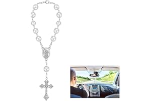 YALiya Auto Rosenkranz zum Schutzengel Anhänger, mit Christophorus und Kruzifix in Silber, Auto Rosenkranz für Rückspiegel, Silber Geschenk Gebetsperlen mit Verschluss für Visier Amulette (A)