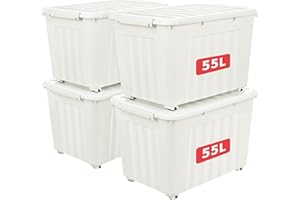 Cetomo 55L*4 Storage Boxes with Lids, Plastic Storage Box with Wheels and Secure Side Latches, Stackable & Nestable Organizer for Home, Office, Moving, PP, White, 55L-4 Pack