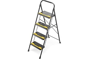 Urackify Scaletta 4 Gradini Pieghevole, Resistente Capacità 150 kg, Ampia Pedata Antiscivolo & Maniglia Sicura Design Compatto, Sgabello Pieghevole Portatile per Casa, Cucina, Ufficio, Dispensa, Nero