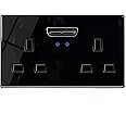 MEI JIA 13A Double SocketTempered Black Glass Panel and reset buttonLight Switches with LED Indicator,UK Standard Wall Power Socket, Artistic Modern Swich soket (13A Double Switched Power Socket)