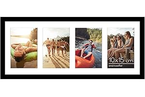Americanflat Portafoto da Parete Multiplo da 20,3x50,8 cm, Nero - Per 4 Foto da 10x15,2 cm - Porta Foto Multiple da Parete con Vetro Infrangibile, Cavalletto e Accessori per Appenderlo
