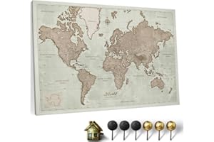 CANVASCALE Hochwertige Canvas Weltkarte mit Kork-Pinnwand - Englische Beschriftung - Dekorative Wanddeko für alle Zimmer - Leinwandbilder mit Weltkarte Motiv (90x60 cm, Muster 19)