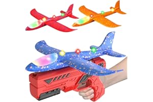 HATFRYF Airplane Launcher Toys, 3 Pack LED Throwing Glider Plane, Catapult Aeroplane Toy with Gun, 2 Flight Modes for Kids Outdoor Sport Flying Toys Age 3 4 5 6 7 8 9 Year Old Boys Birthday Gifts