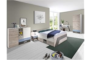 Lomadox Jugendzimmer Kinderzimmer Komplett Set, Sandeiche mit weiß Lava blau, 140 x 200 cm Jugendbett, Kleiderschrank, Nachttisch, Kommode, Schreibtisch