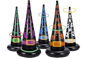 CLISPEED Halloween Ring Toss Game Set, 5PCS Inflatable Witch Hats with 10PCS Plastic Rings, Halloween Party Games Indoor Outdoor Fun