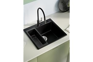 Sofetiy Fregadero de Cocina Negro Granito 50x45cm, Fregadero de Cocina Moderno Rectangular, con 2 Agujeros para Grifo, Lavabo de Cocina Negro, Fregadero de Granito para Cocina