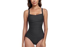 Vevarble Swimming Costume Women Ruched Tummy Control One Piece Swimsuit Vintage Soild Color Swimwear