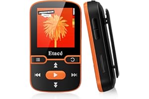 ETACÉ Lecteur MP3 Bluetooth, MP3 Bluetooth Running 5.0, 16 Go, Radio FM, E-Book, Podomètre, Enregistreur vocal, Mini Design, Écran Couleur 1,5 Pouce, Support jusqu'à 128 Go Carte-Orange