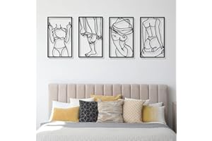 HEBERUCK Decoración de pared de metal, 4 piezas de metal moderno minimalista para mujer decoración de pared arte de pared de metal negro dibujo artístico de una línea esculturas de pared modernas para colgar