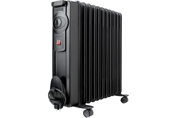 BLACK+DECKER BXRA2300E - Radiateur à bain d’huile 2300W | 11 éléments de 140mm | Thermostat réglable | 2 puissances | Système de sécurité d’arrêt automatique en cas de surchauffe | Noir