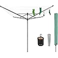 Brabantia - Lift-O-Matic - 50M of Clothes Line - Adjustable in Height - UV-Resistant & Non-Slip Lining - Umbrella System - with Ground Spike 45 mm & Cover - Metallic Grey