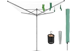 Brabantia - Séchoir Lift-O-Matic - Etendoir Linge Extérieur - Antidérapantes - Résistantes aux UV, 50m - Rotation Fluide - Pratique - Douille en Métal à Planter Dans le Sol - Gris Métallique - ø 295cm
