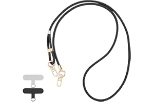 Reownest Handykette Universal zum Umhängen, Handy Halsband mit 2 Patches, Verstellbares Geflochtenes Leder Handy Lanyard, Halskette Kompatibel mit den meisten Smartphones, Schwarz