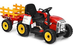 COSTWAY Ride on Tractor and Trailer, 12V Battery Powered Electric Kids Toy Car with Remote Control, LED Lights, USB & Bluetooth Music, Four Wheels Ride on Toys for Children Ages 3+(Red+Yellow)