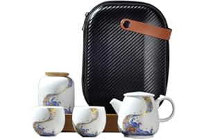 fanquare Portátil Juego de Té con Bolsa de Viaje, Juego de Té de Porcelana con Patrón de Flores y Olas del Mar, 1 Tetera, 2 Tazas de té y 1 Lata de té