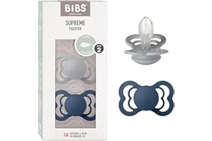 Tétine BIBS Supreme. Lot de 2 sucettes. Sans bisphénol A, Téterelle symétrique. Silicone, Taille 2 (6-18 mois), Cloud/Steel Blue