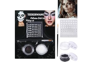 TEEKERWANG Tikerwang Halloween Makeup Kit - Black & White Face Paint Kit, Halloween Makeup Includes Paint, Brush, Costume Accessories Crystal Sheet for Skeleton SFX, Vampire, Skull Makeup (A)