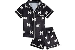 JiAmy Piżamy dziewczęce zestawy piżam z krótkim rękawem letnie dziecięce satynowa piżama 2 sztuki guziki nastolatki bielizna nocna nadruk kokarda bielizna nocna wiek 8-12 lat