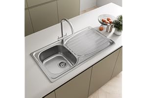 SÄUBER® 950 x 500mm Stainless Steel Kitchen Sink Single One 1.0 Bowl Inset Drop in Installation, Right Hand Drainer, 18/10 Grade Stainless Steel Sinks, Free Basket Strainer Waste