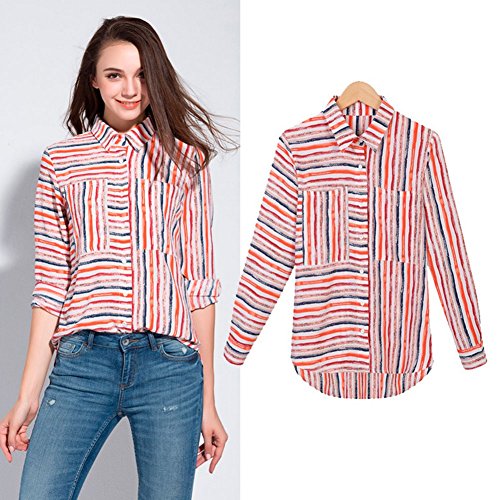 OS11 Women Autumn The New Color Striped shirt (L, RED)