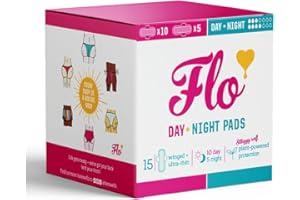 FLO - Day + Night Menstrual Pads (10 Day + 5 Night) - Winged + Ultra Thin - Natural, Absorbent, Soft & Breathable - Organic Bamboo Period Pads for Women - Plant Based - Vegan & Cruelty Free