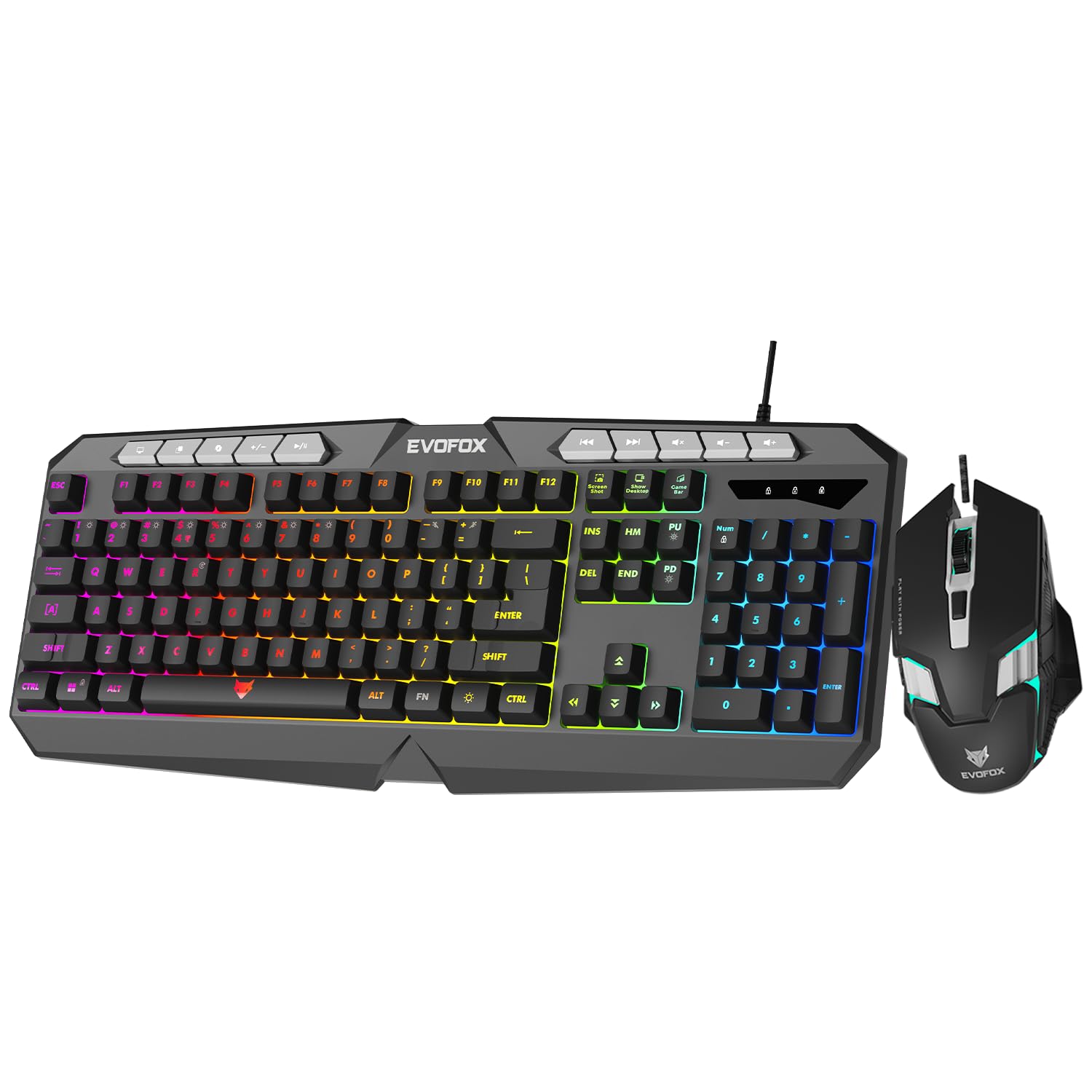 EvoFox Deathray v2 Gaming Keyboard and Mouse Combo | 6 Zone RGB Backlighting, 19 Anti Ghosting Keys, Membrane Keys, Ergonomic, Full-Size | 6 Buttons, 7 Color LED Lighting, Upto 3600DPI (Wired)