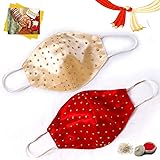 Cotton Traders Premium Wedding Designer Face Mask for Bride and Groom - Gold & Red Combo