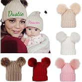 Personalised Baby Bobble Hat Individual Baby Name Plush Bobble Hat Warm Children's Winter Hat Knitted Wool Hat for Mother and Baby Kids Polka Dot Hat with Two Pompoms