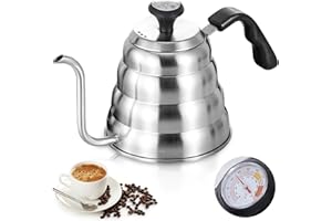 LEIKURVO Bouilloire col de cygne : 1200 ml / 40 oz en acier inoxydable bouilloire à col de cygne avec thermomètre pour tous les types de cuisinières, durable, facile à nettoyer