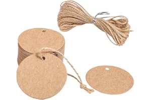 HEMIKS 50 Pièces Étiquettes en Papier Kraft Rond, Étiquette Kraft Avec Ficelle Diametre 5cm de Jute 10m pour Bricolage Emballage Cadeau de Noël, Mariage, Fête, Artisanat