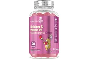 ‎MAXMEDIX Calcium & Vitamin D3 Gummibärchen für Kinder - 90 vegetarische Gummies - 160 mg Kalzium & 10 μg (400 IE) Vitamin D3-3 Monate Vorrat - Erdbeere & Vanille Geschmack - Glutenfrei - maxmedix