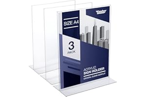 DASHER PRODUCTS Acrylic Sign Holder A4 - Acrylic T Shape Table Top Display Stand, Double Sided, Bottom Load, Portrait Style Menu Ad Frame. Perfect for Restaurants, Promotions, Photo Frames, Classroom (A4 - 3 Pack)