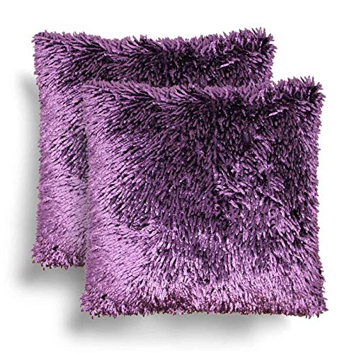 Set of 2 Purple Shaggy Chenille Cushion Covers, Pair of Plum Acapulco Modern Fluffy Textured Cushion