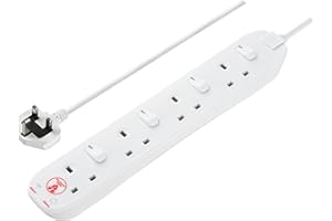 Masterplug Four Socket Extension Lead, 2 Metre Cable, Surge Protection, Individual Switches, Power and Surge LED Indicators, 4-Way Plug Extension Cable, Power Strip, White, 13A, 4G, 2m, SWSRG4210N
