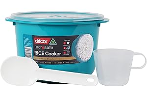 Décor Microwave Rice Cooker Makes 1-4 cups each time comes with measuring cup and rice paddle. Stay cool handles and steam release vent. Dishwasher and freezer safe. BPA Free 2.75L Capacity, Teal