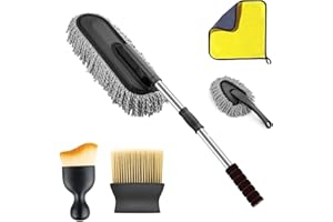 ORJILO 5 PCS Microfiber Car Duster Kit Interior & Exterior Car Cleaning Detailing Tool Scratch & Lint Free, Pollen Removing Extendable Long Handle Duster for Car & Motorcycle car (Car Duster Kit)