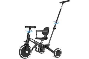 KORIMEFA Bicicletta per bambini, Triciclo a 3 ruote per bambini da 1-3 anni,maniglia di spinta, pedale rimovibile,schienale,maniglia di guida per i genitori,Natale per il primo compleanno (Nero)