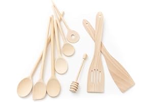 tuuli Kitchen 9 pezzi set Cucchiaio da Cucina Utensili in Legno di Faggio (6x Mestolo 18cm-35cm, Cucchiaio per miele, 2x Spatola da cucina)