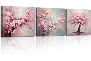 Piy Painting 3Pieces Pretty Cherry Blossom Wall Art For Living Room Pink Floral Flowers Canvas Painting Prints Modern Pictures Artwork for Women Girl's Bedroom Decor Framed Ready To Hang,12×12 inch